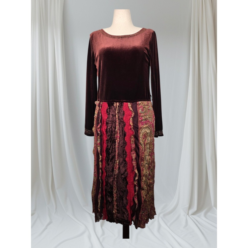 VTG Y2K Bandolino Dress Women's 12 Brown Velvet Paisley Beaded Gypsy Whimsigoth